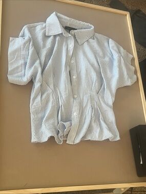Moa Moa Light Blue & White Striped Kids Button-Up Shirt with Front Tie